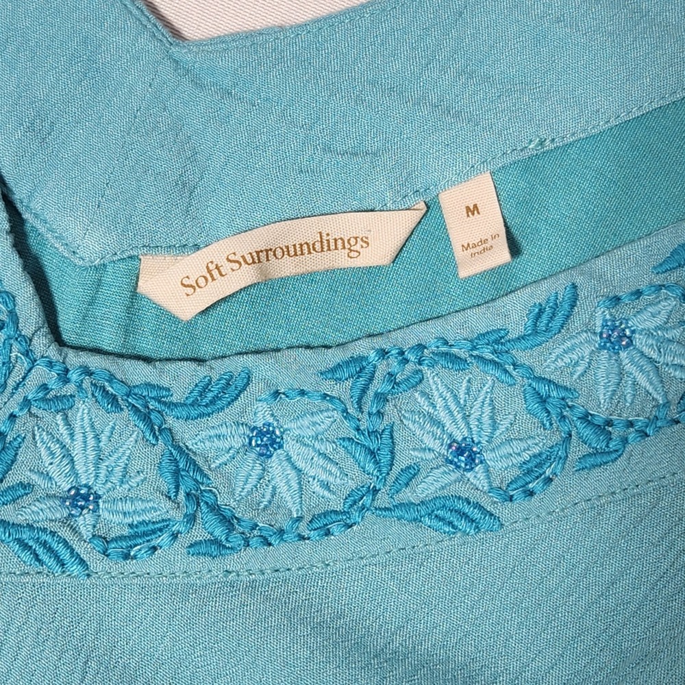 Soft Surroundings Blue Embroidered V-Neck Tank Top Sleeveless turquoise Medium - Picture 3 of 6